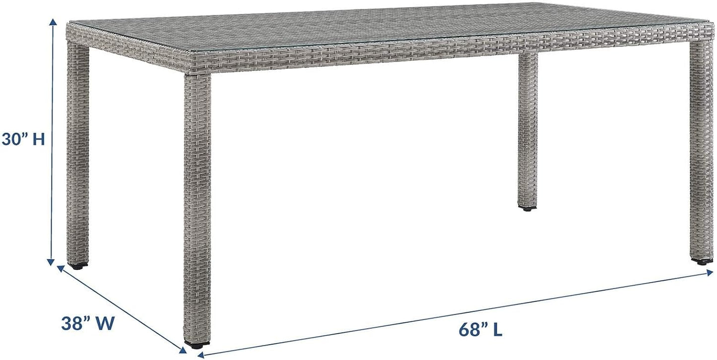 Modway Aura Wicker Rattan Glass Outdoor Patio 68" Rectangular Dining Table in Gray