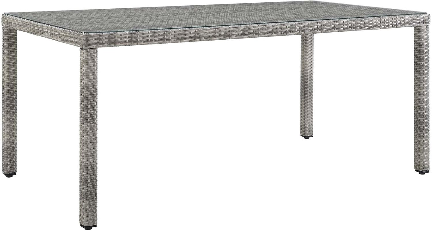 Modway Aura Wicker Rattan Glass Outdoor Patio 68" Rectangular Dining Table in Gray