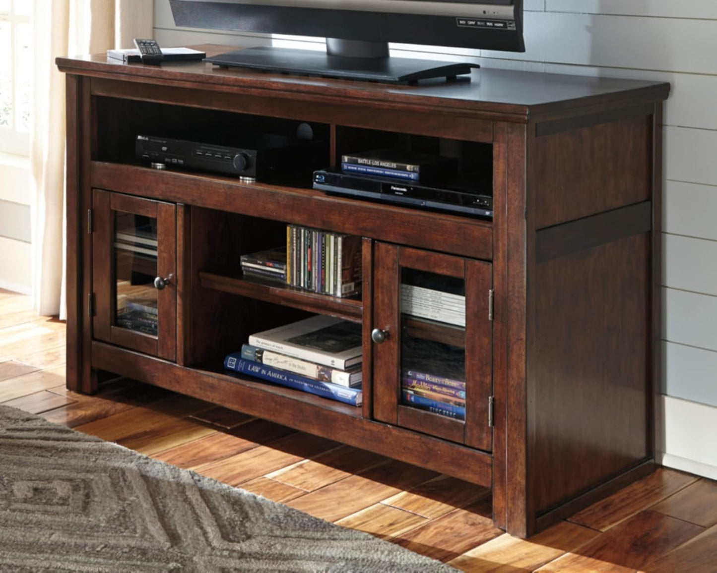 Signature Design by Ashley Harpan Traditional TV Stand Fits TVs up to 48", Adjustable Shelf and 2 Cabinets For Storage, Brown