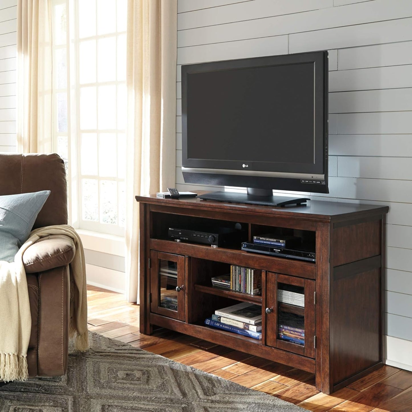 Signature Design by Ashley Harpan Traditional TV Stand Fits TVs up to 48", Adjustable Shelf and 2 Cabinets For Storage, Brown