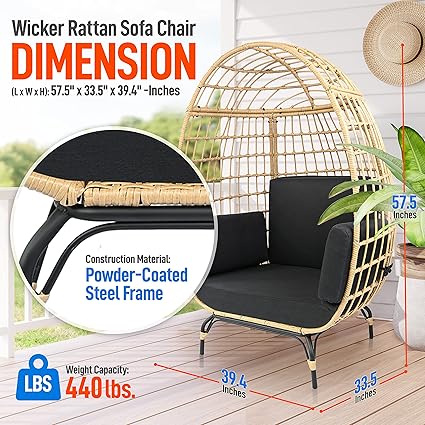 Jovial Wicker Rattan Egg Chair,Indoor Outdoor Black Sofa Chair for Patio