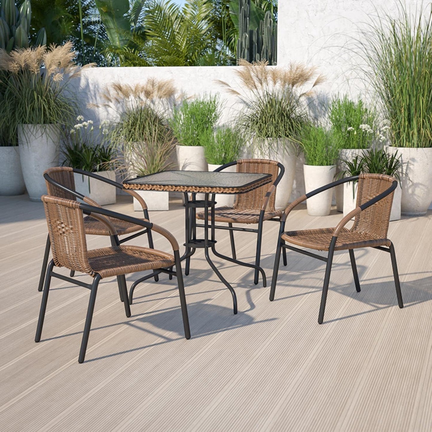 Square Glass Table,Brown Rattan Edging,Sqr,28", 28 W X 28 L X 28 H, Clear