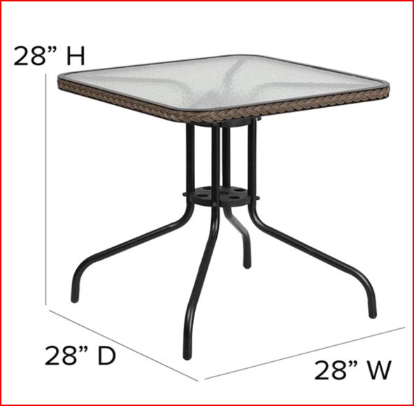 Square Glass Table,Brown Rattan Edging,Sqr,28", 28 W X 28 L X 28 H, Clear
