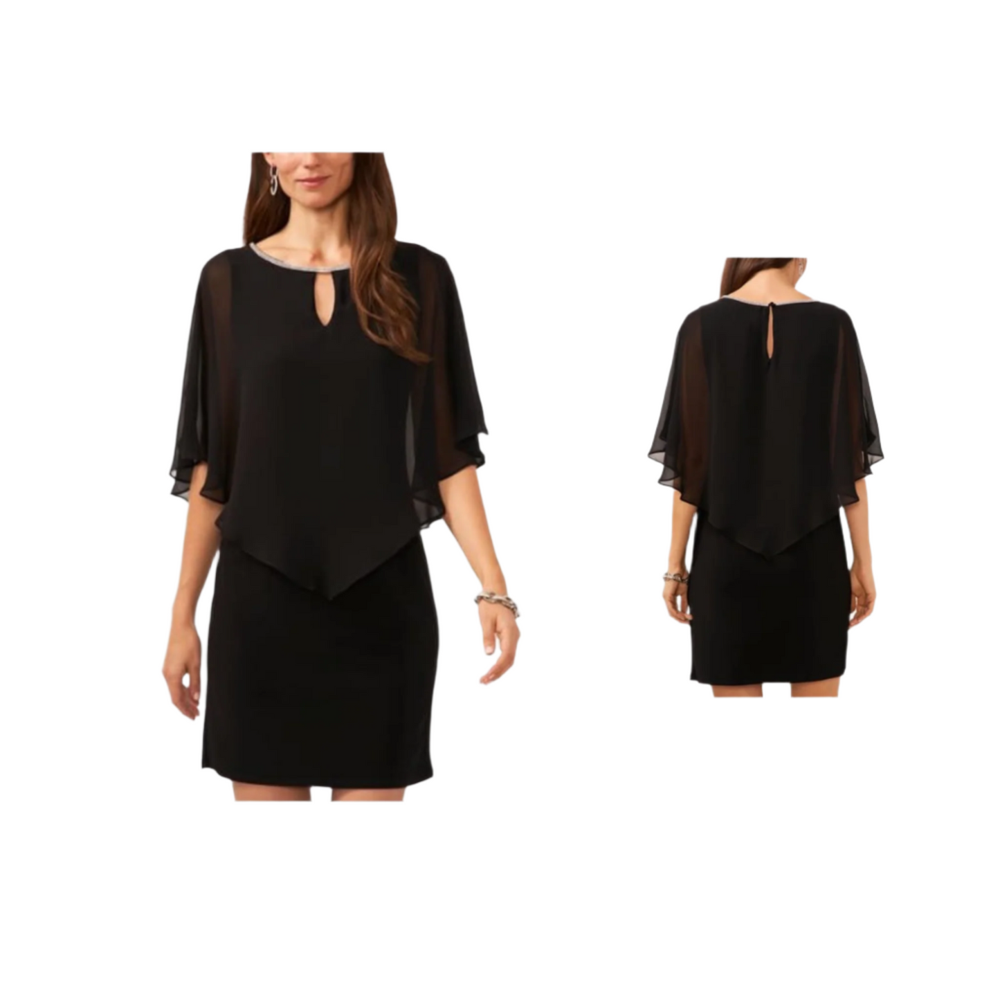 Womens MSK Keyhole Solid Overlay a-Line Dress with Trim  |  Size:  XL   |   Color:  Black  |  0072