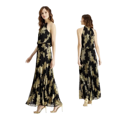 Msk Metallic-Print Pleated Blouson Gown - Black/Gold  |  Size:  8   |   Color:  Black/Gold  |  0059