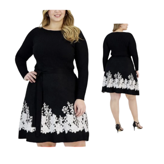 TAYLOR PLUS SIZE EMBROIDERED TIE-WAIS BLACK IVORY POWDER 3X  |  Size:  3X   |   Color:  Black Ivory Powder  |  0073