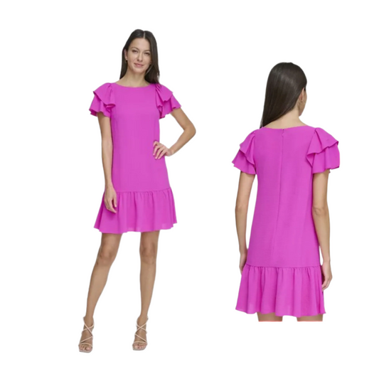 Dkny Petite Flutter-Sleeve Ruffle-Hem Dress - Power Pink  |  Size:  4P   |   Color:  Power Pink  |  0052