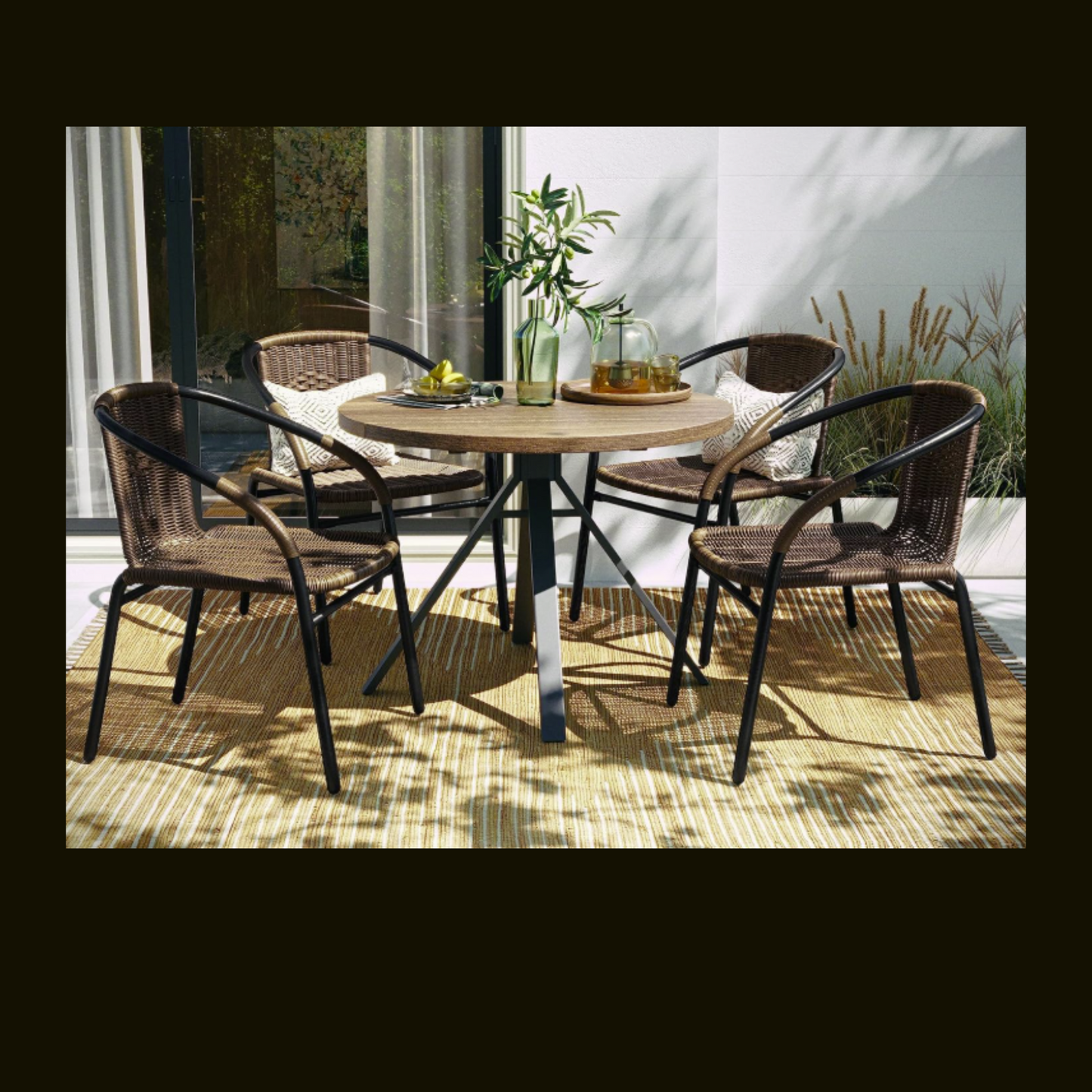 Rattan Stack Chair, Black/Medium Brown, Set of 4