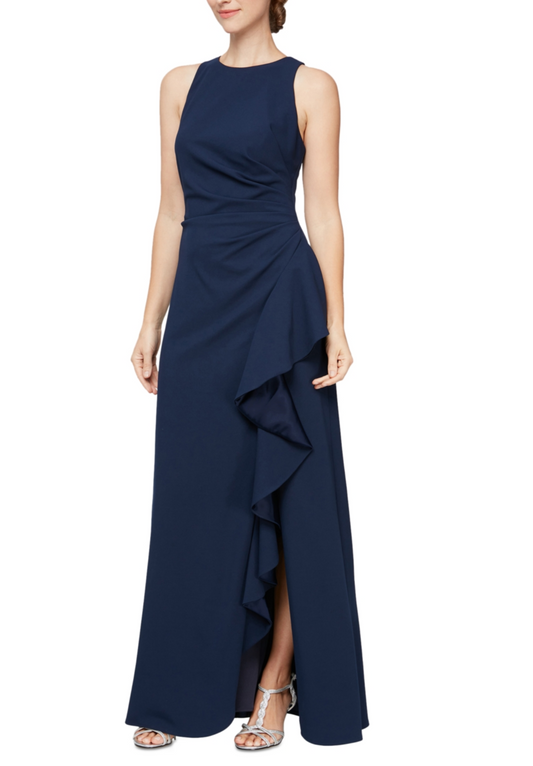 Alex Evenings Women's Ruched Ruffled Gown  |  Size:  8   |   Color:  Navy  |  0055