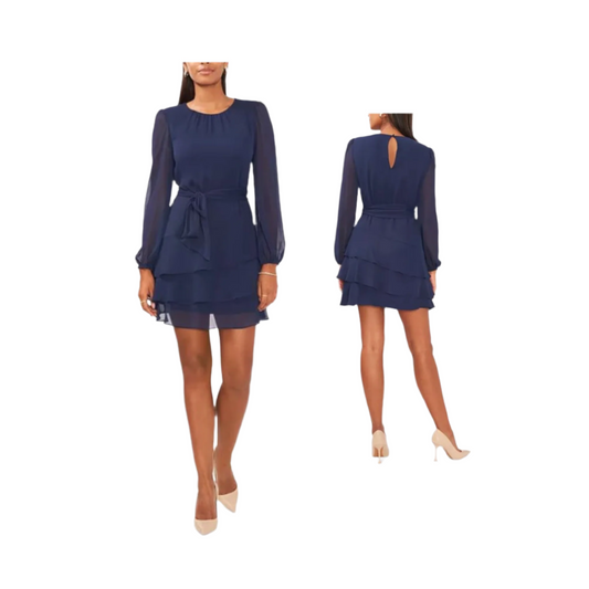 Msk Petites Womens Navy Belted Lined Back Keyhole Layered Pleated Nec Pouf Sleeve Round Neck Mini Party Fit + Flare Dress Petites Ps - All   |  Size:  PS   |   Color:  Navy  |  0071