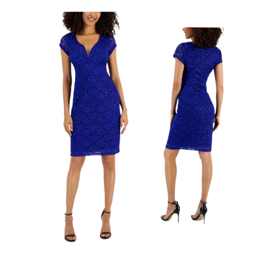 Connected Women's Lace Short-Sleeve V-Neck Dress - Marine  |  Size:  14   |   Color:  Marine  |  0064