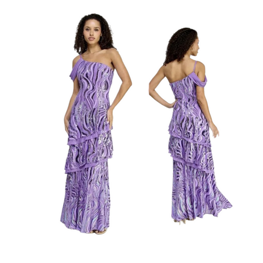 Morgan & Company Juniors' Sequin Embellished Tiered Asymmetric Gown - Lavender  |  Size:  1   |   Color:  Lavender  |  0056