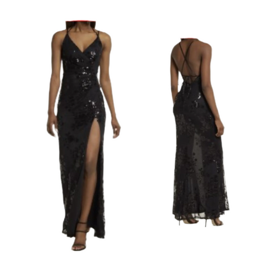 Speechless Juniors' Embroidered Sequin Mesh Lace-up Back Gown - Black  |  Size:  5   |   Color:  Black  |  0057