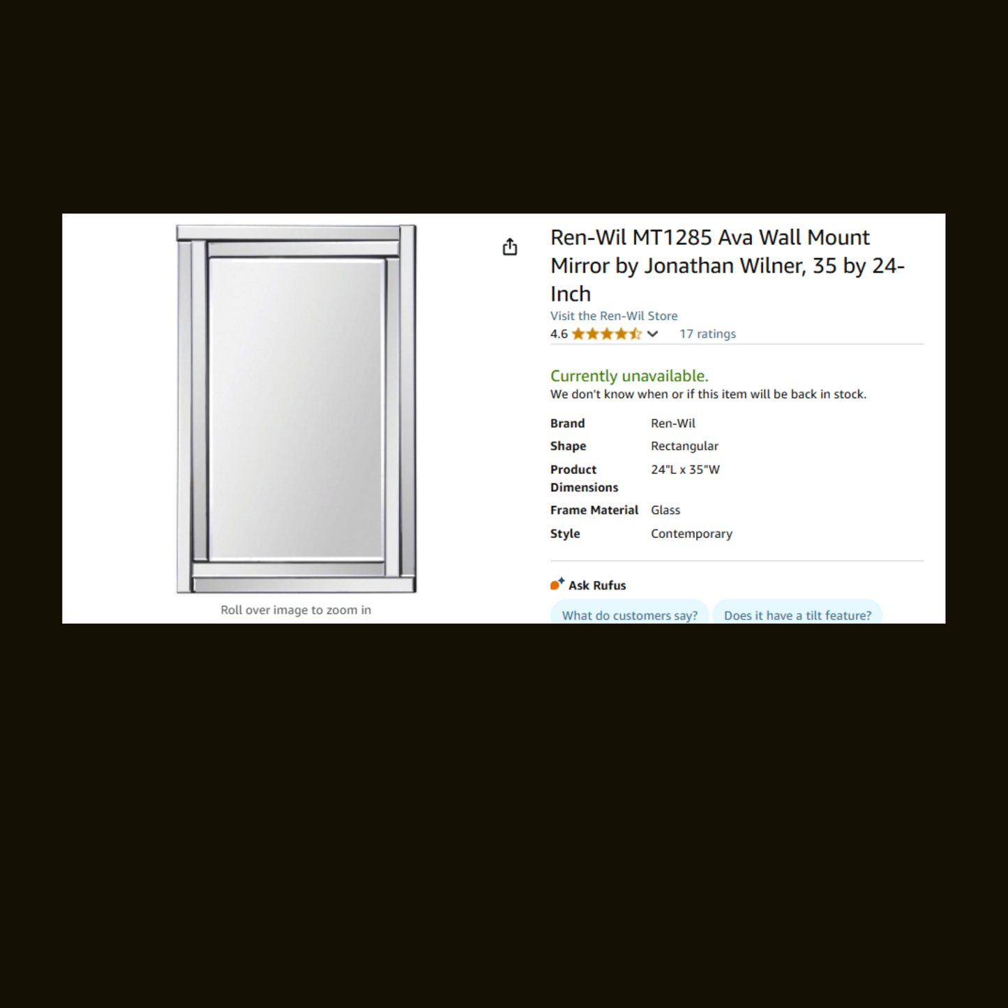 Ava 24" W X 35" H Rectangular Glass Framed Bathroom Wall Mirror Home Décor Mirrors Accent Mirror