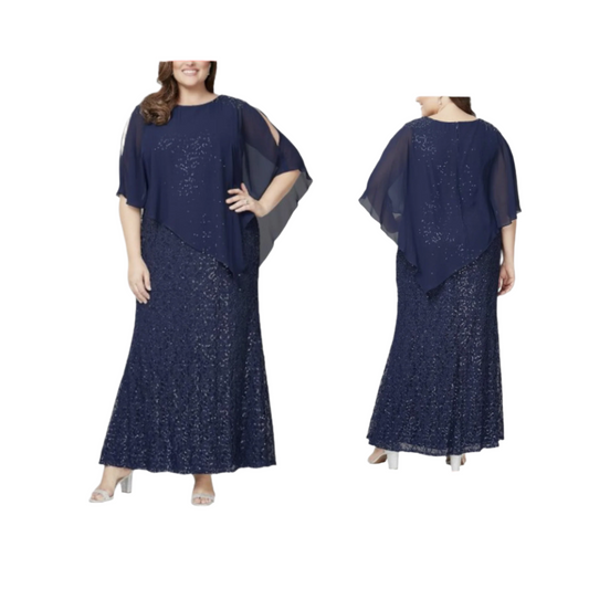 Sl Fashions Plus Size Beaded Popover Gown - Navy  |  Size:  18W   |   Color:  Navy  |  0060A