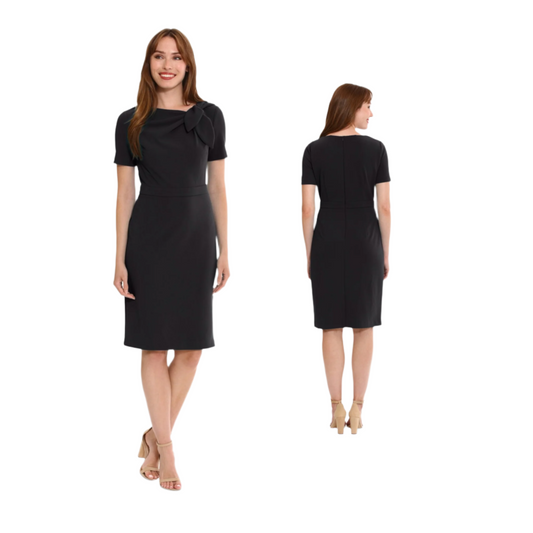 London Times Petite Solid Bow-Neck Short-Sleeve Sheath Dress - Black  |  Size:  8P   |   Color:  Black  |  0061