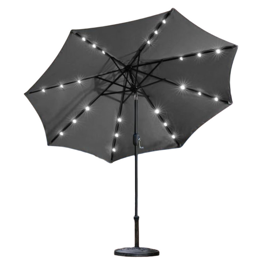 Steel Market Solar Lighted 8-Rib Round Patio Umbrella in Grey 9 Ft.