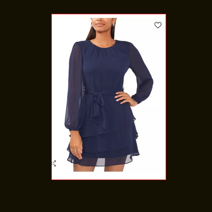 Msk Petites Womens Navy Belted Lined Back Keyhole Layered Pleated Nec Pouf Sleeve Round Neck Mini Party Fit + Flare Dress Petites Ps - All   |  Size:  PS   |   Color:  Navy  |  0071