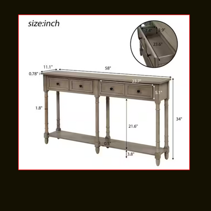 Gray Wash Standard Rectangle Wood Console Table with Drawers 58 in.