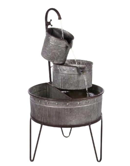 Alpine Corporation YHL684 Outdoor Floor 3-Tier Vintage Tubs and Planters Fountain, Rustic Metal Garden Fountain 33", Silver