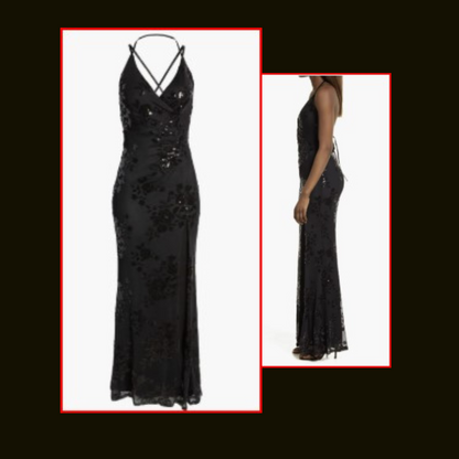 Speechless Juniors' Embroidered Sequin Mesh Lace-up Back Gown - Black  |  Size:  5   |   Color:  Black  |  0057