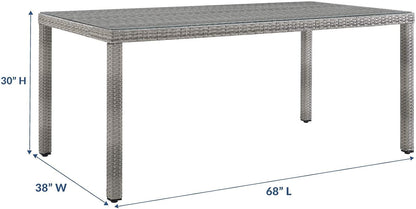 Modway Aura Wicker Rattan Glass Outdoor Patio 68" Rectangular Dining Table in Gray