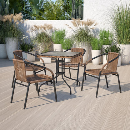 Square Glass Table,Brown Rattan Edging,Sqr,28", 28 W X 28 L X 28 H, Clear